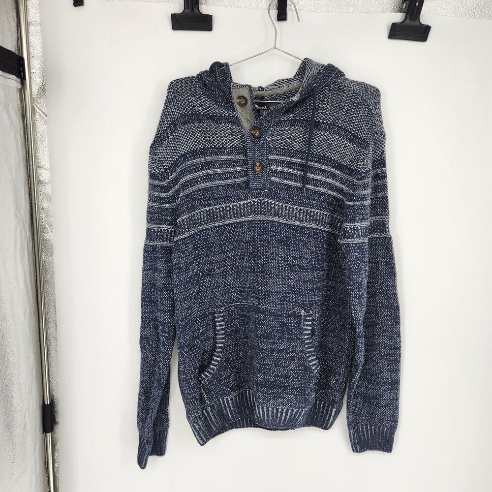 Commerce Men's Large Navy Blue Gradient Chest Stripe Hooded‎ Sweater NWT